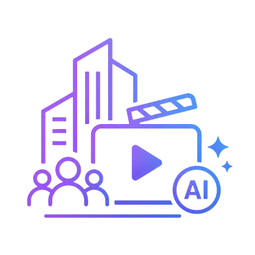 Minimal AI corporate brand films icon with buildings, team figures, and video player