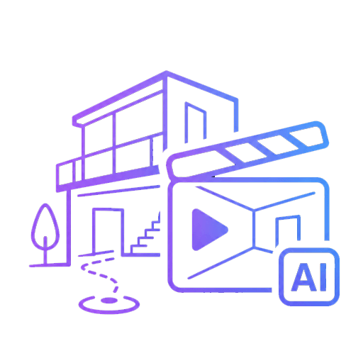 Minimal AI walkthrough films icon with building, pathway, and video player for virtual tour