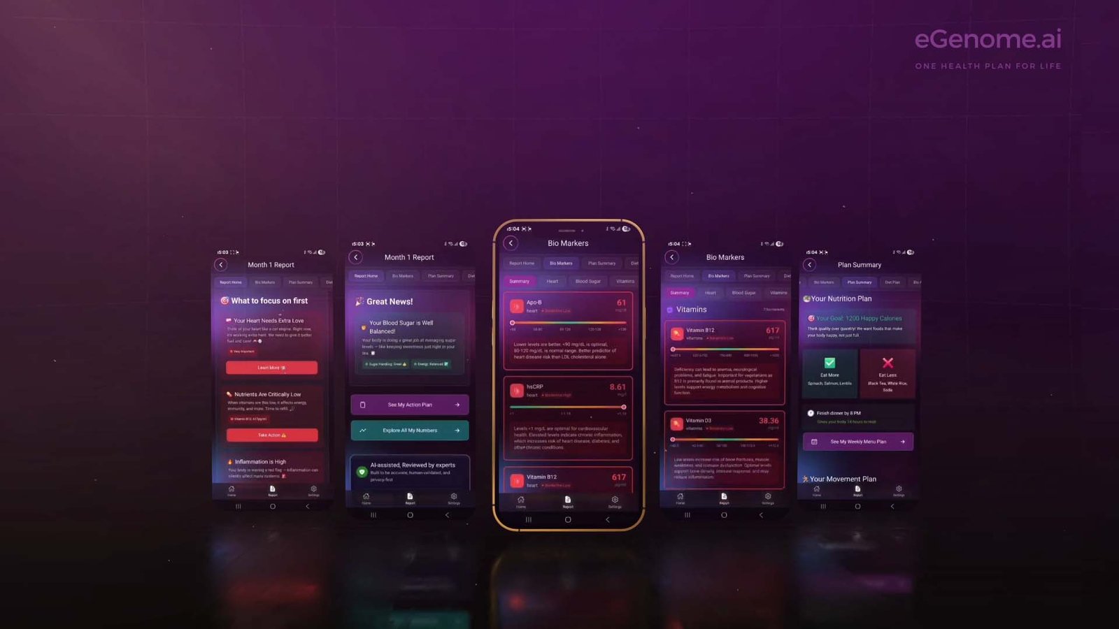 AI-generated health app advertisement showing a person before and after using eGenome AI for personalized healthcare